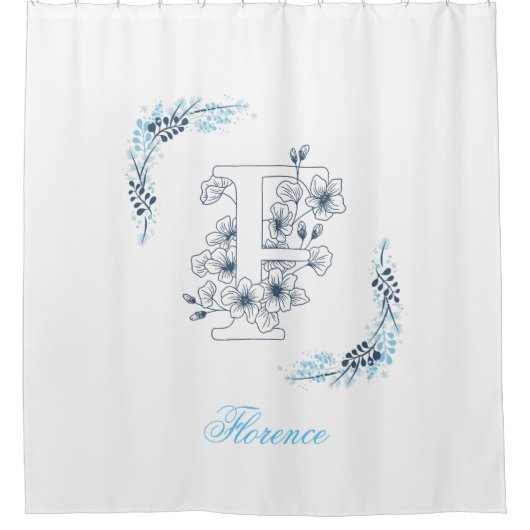 Initial "F" Blue Monogram Calm Floral Duschvorhang (Vorderseite)