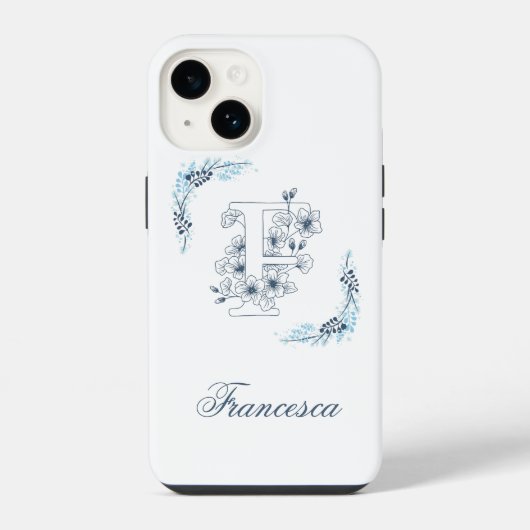 Initial "F" Blue Monogram Calm Floral iPhone Hülle (Rückseite)