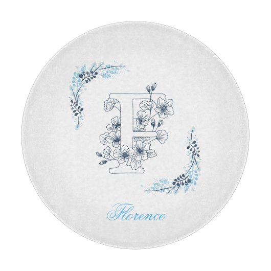 Initial "F" Blue Monogram Calm Floral Schneidebrett (Vorderseite)