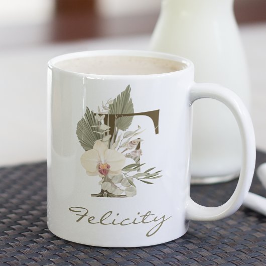 Initial F Boho Floral Orchid Greenery Individuelle Kaffeetasse