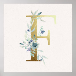 Initial F Golden and Blue Floral Monogram Poster