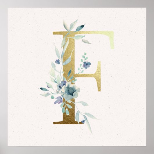 Initial F Golden and Blue Floral Monogram Poster (Vorne)