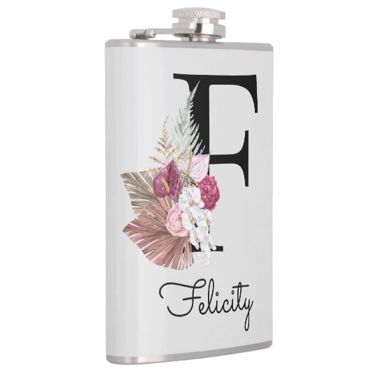 Initial F Mit Monogramm Pink Boho Floral Flachmann (Rechts)