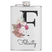 Initial F Mit Monogramm Pink Boho Floral Flachmann (Vorderseite)