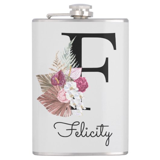 Initial F Mit Monogramm Pink Boho Floral Flachmann (Vorderseite)