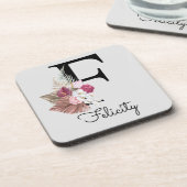 Initial F Modern Pink Boho Girly Floral Getränkeuntersetzer (Linke Seite)