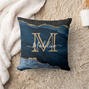 Initial für das Blue Gold Agate Monogram Name Scri Kissen