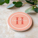 Initial für das elegante Coral Orange Custom Monog Getränkeuntersetzer<br><div class="desc">Das elegante,  runde,  personalisierte Getränke-Untersetzer-Design zeichnet sich durch ein klassisches Serif-Monogramm aus,  das in Rot-Orange mit Ihrem Nachnamen in modernem,  weißem Kalligrafieschrift vor einem koral/peachy-rosa Hintergrund beginnt. Ein einfacher weißer Kreis umrahmt das Design. Das Farbschema kann so angepasst werden,  dass es sich perfekt mit Ihrer Wohngestaltung abstimmt.</div>