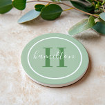 Initial für das elegante Sage Green Custom Monogra Getränkeuntersetzer<br><div class="desc">Das elegante,  runde,  personalisierte Getränke-Untersetzer-Design zeichnet sich durch ein klassisches Serif-Monogramm aus,  das in grünem Blattgrün mit Ihrem Nachnamen in modernem,  weißem Kalligrafieschrift vor einem schlauen grünen Hintergrund beginnt. Ein einfacher weißer Kreis umrahmt das Design. Das Farbschema kann so angepasst werden,  dass es sich perfekt mit Ihrer Wohngestaltung abstimmt.</div>
