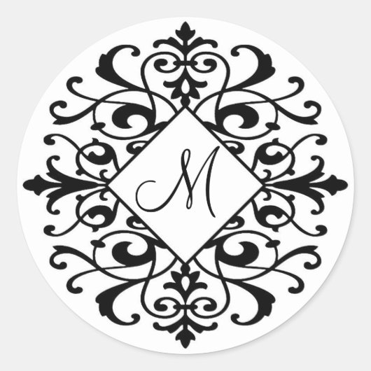 Initial für das Schwarz-weiße Scroll Monogramm von Runder Aufkleber (Vorderseite)