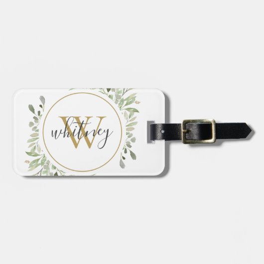 Initial für elegantes Script Greenery Monogram Gepäckanhänger (Vorderseite horizontal)