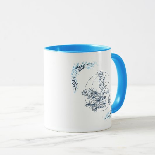 Initial "G" Blue Monogram Calm Floral Coffee Tasse (VorderseiteRechts)