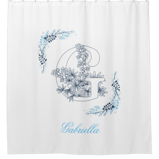 Initial "G" Blue Monogram Calm Floral Duschvorhang (Vorderseite)