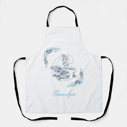 Initial "G" Blue Monogram Calm Floral Schürze (Vorderseite)