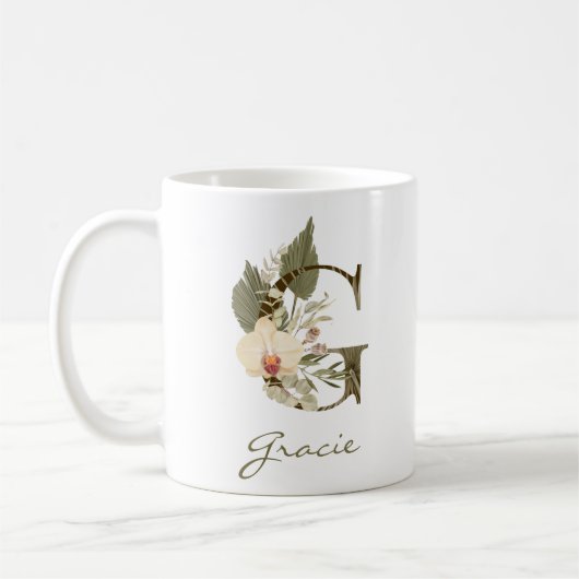 Initial G Boho Floral Orchid Greenery Individuelle Kaffeetasse (Links)