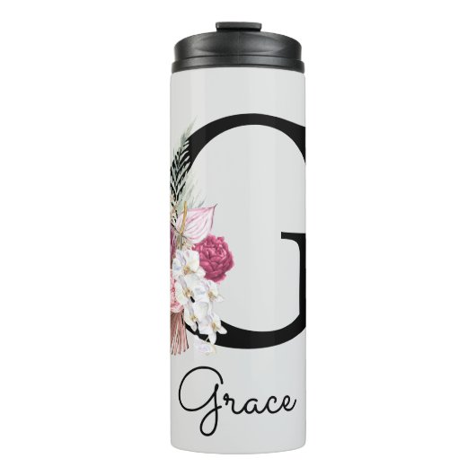 Initial G Mit Monogramm Pink Boho Floral Thermosbecher (Vorderseite)