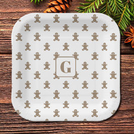 Initial, Gingerbread Man Cookie Pattern Square Pappteller