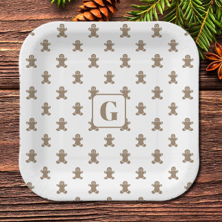 Initial, Gingerbread Man Cookie Pattern Square Pappteller
