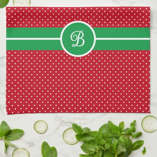 Initial, Green Red White Swiss Dot Kitchen Towel Geschirrtuch (Gefaltet)
