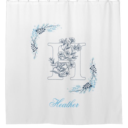 Initial "H" Blue Monogram Calm Floral Duschvorhang (Vorderseite)