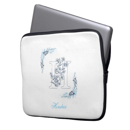 Initial "H" Blue Monogram Calm Floral Laptopschutzhülle (Vorderseite Links)