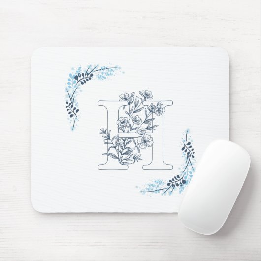 Initial "H" Blue Monogram Calm Floral Mousepad (Mit Mouse)