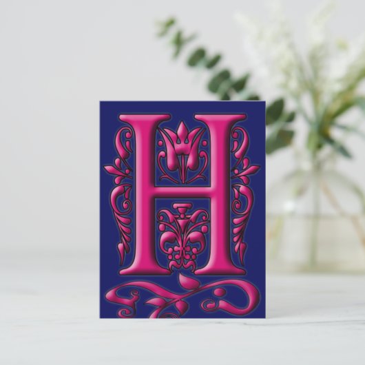 Initial H Fuschia Navy Monogram Card Postkarte (Stehend Vorderseite)