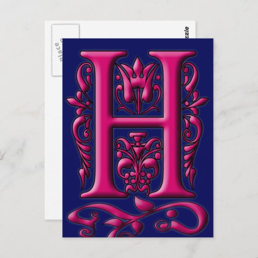 Initial H Fuschia Navy Monogram Card Postkarte (Vorne/Hinten)