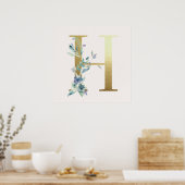 Initial H Golden and Blue Floral Monogram Poster (Küche)
