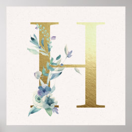 Initial H Golden and Blue Floral Monogram Poster