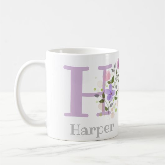 Initial H und Name Harper mit Blume Kaffeetasse (Links)
