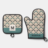 Initial hinzufügen | Aquamarines geometrisches Mus Ofenhandschuh & Topflappen-Set (Vorderseite)