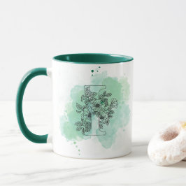 Initial I Aquarellmonogramm Grün Botanisch Tasse