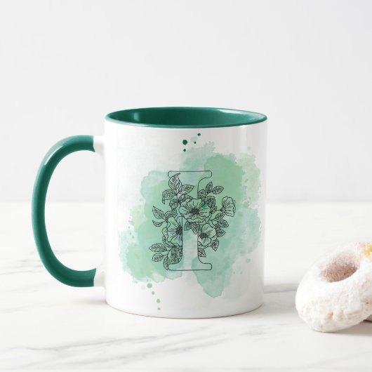 Initial I Aquarellmonogramm Grün Botanisch Tasse (Mit Donut)