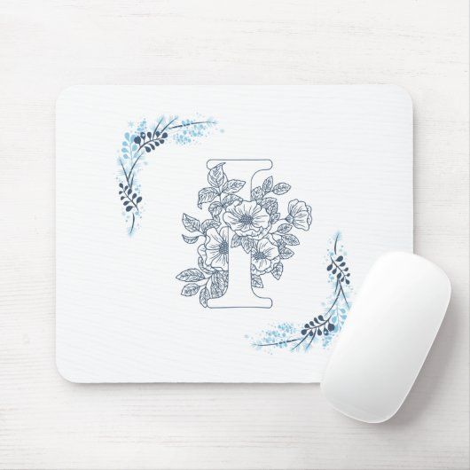 Initial "I" Blue Monogram Calm Floral Mousepad (Mit Mouse)