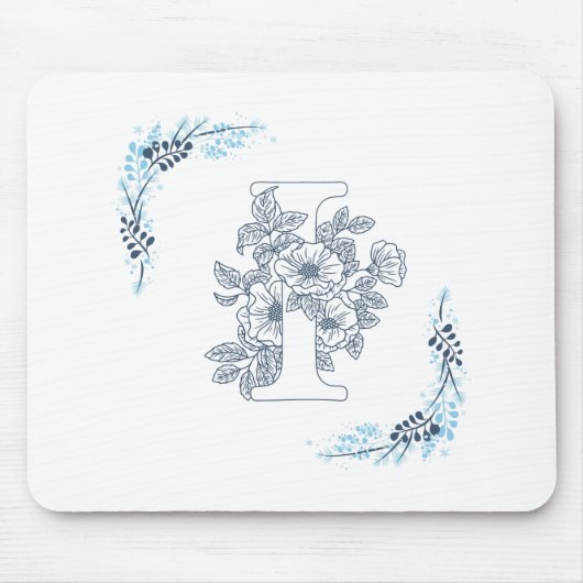 Initial "I" Blue Monogram Calm Floral Mousepad (Vorne)