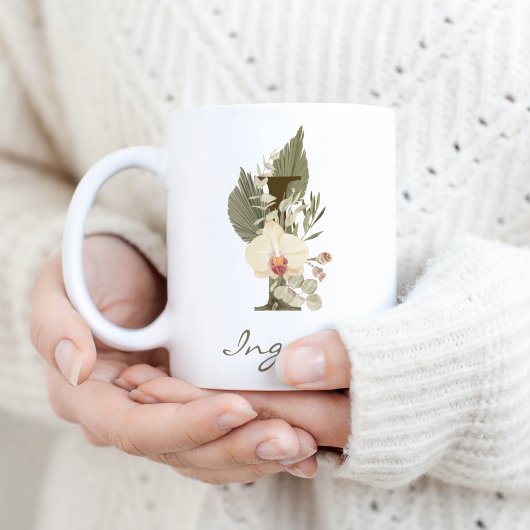 Initial I Boho Floral Orchid Greenery Individuelle Kaffeetasse