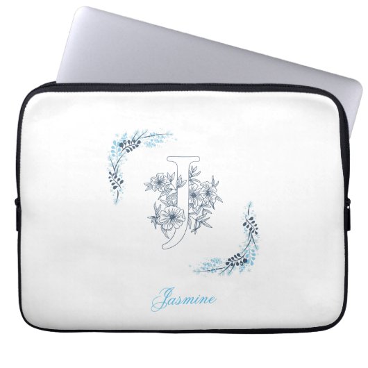 Initial "J" Blue Monogram Calm Floral Laptopschutzhülle (Vorderseite)