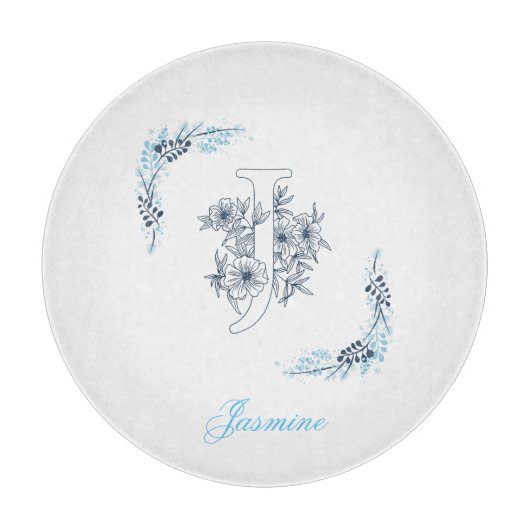 Initial "J" Blue Monogram Calm Floral Schneidebrett (Vorderseite)