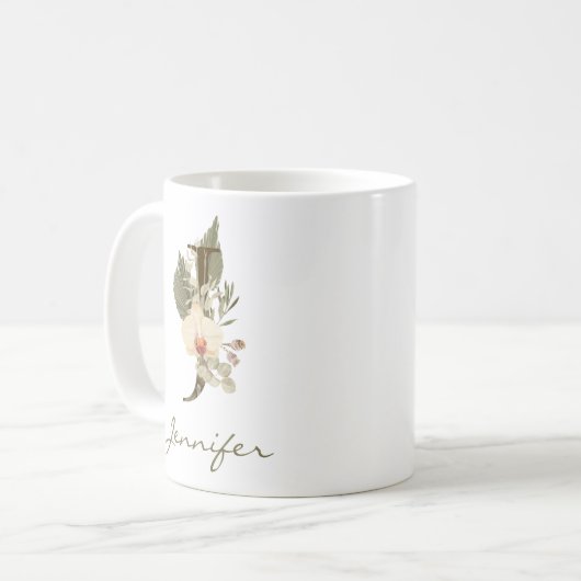 Initial J Boho Floral Orchid Greenery Individuelle Kaffeetasse (Vorderseite Links)