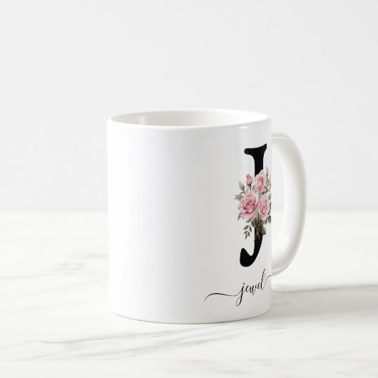 Initial J Monogram Floral Blume Rosenrosen Tasse (VorderseiteRechts)