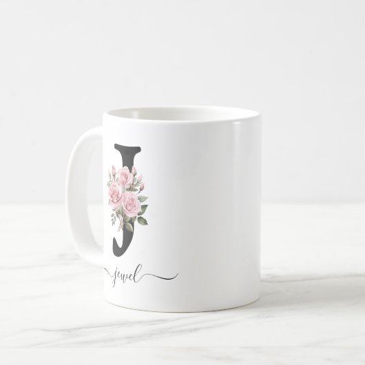 Initial J Monogram Floral Blume Rosenrosen Tasse (Vorderseite Links)