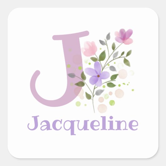 Initial J Plus Name Jacqueline & Blume Design Quadratischer Aufkleber (Vorderseite)