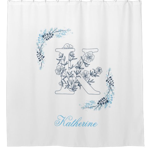 Initial "K" Blue Monogram Calm Floral Duschvorhang (Vorderseite)