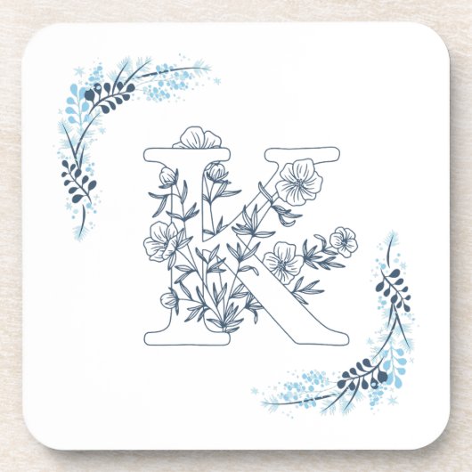 Initial "K" Blue Monogram Calm Floral Getränkeuntersetzer (Vorderseite)