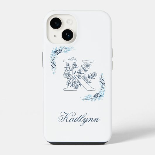 Initial "K" Blue Monogram Calm Floral iPhone Hülle (Rückseite)