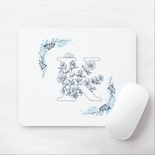 Initial "K" Blue Monogram Calm Floral Mousepad