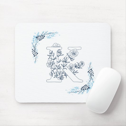 Initial "K" Blue Monogram Calm Floral Mousepad (Mit Mouse)