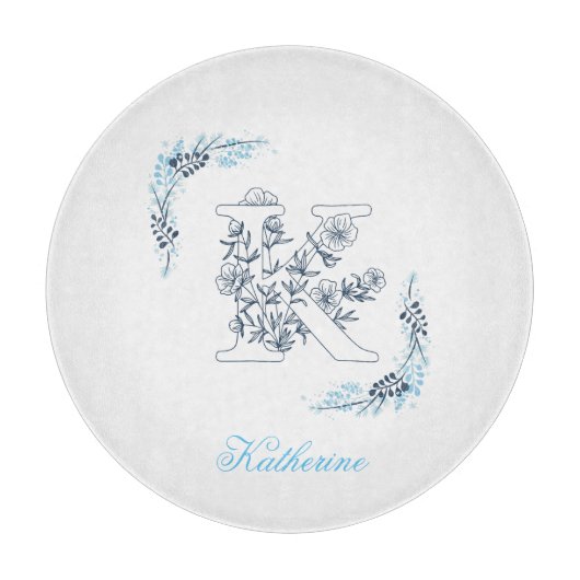 Initial "K" Blue Monogram Calm Floral Schneidebrett (Vorderseite)