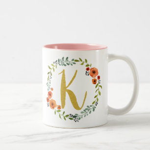 Initial K der Botanischen Blume Wreath Gold Monogr Zweifarbige Tasse